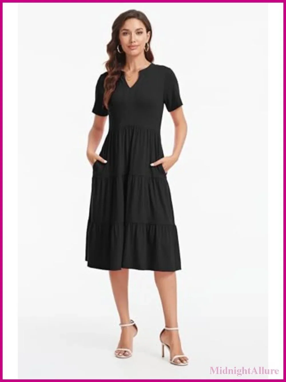 Casual V Neck Flowy Swing Midi Dress with Pockets
